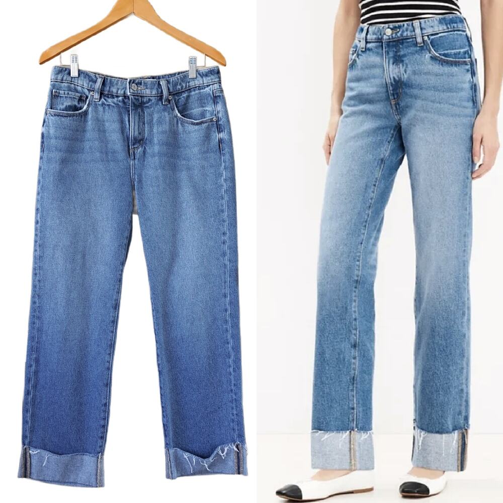 LOFT Slouchy Boyfriend Jeans Classic Mid Wash Blue Denim Size 4 / 27 Petite Cuff